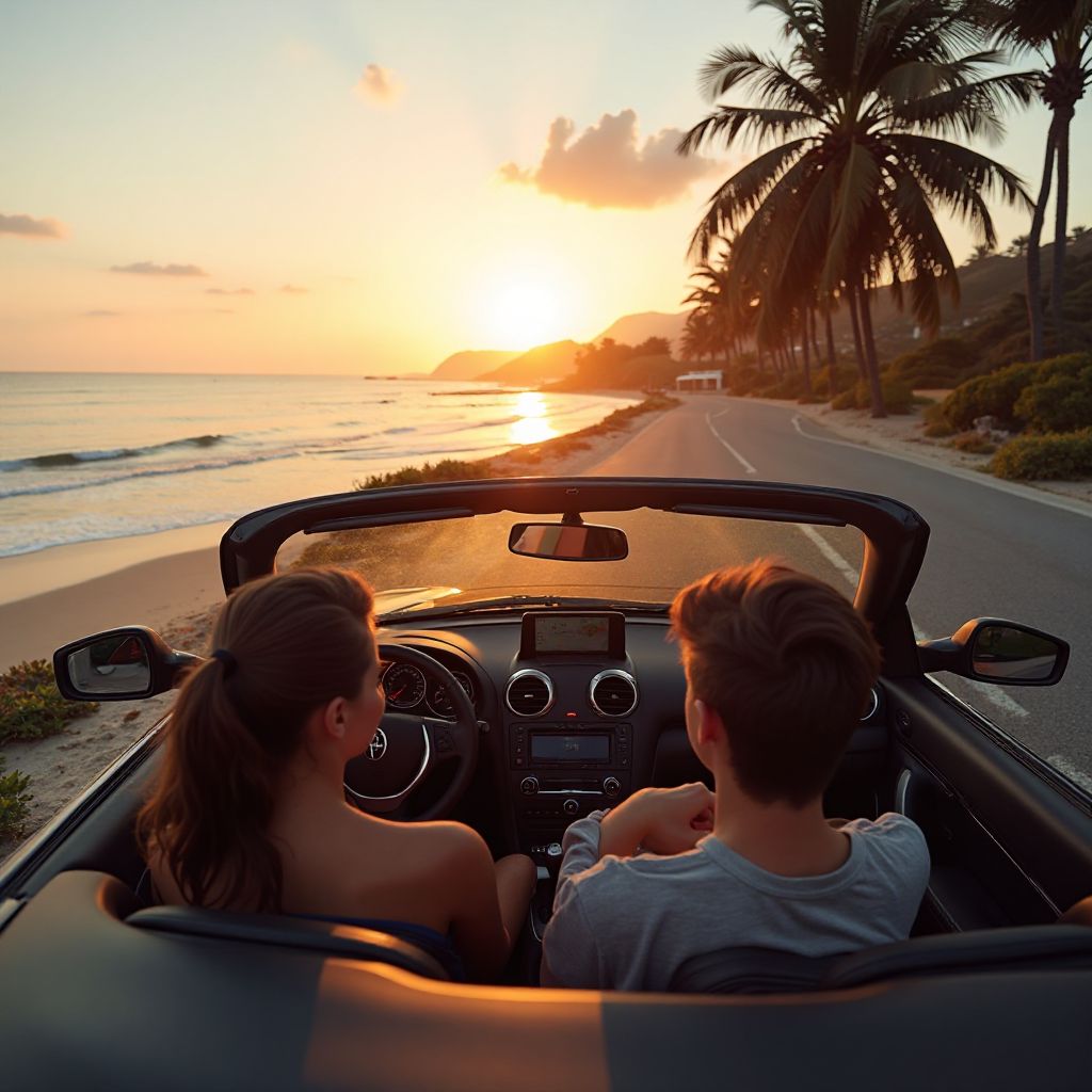 Cliente feliz conduciendo auto descapotable por la costa